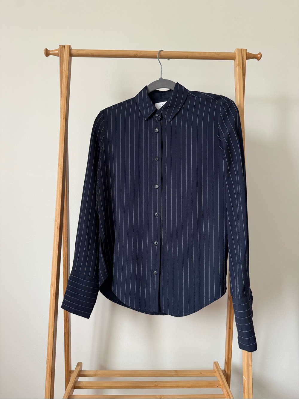 La Ligne Navy Pinstripe Opened Back Shirt, Size XS - Picture 3 of 11
